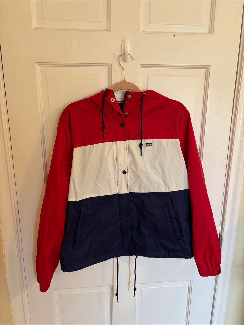Levi’s Red White Navy Colorblock Hooded Windbreaker Size XL